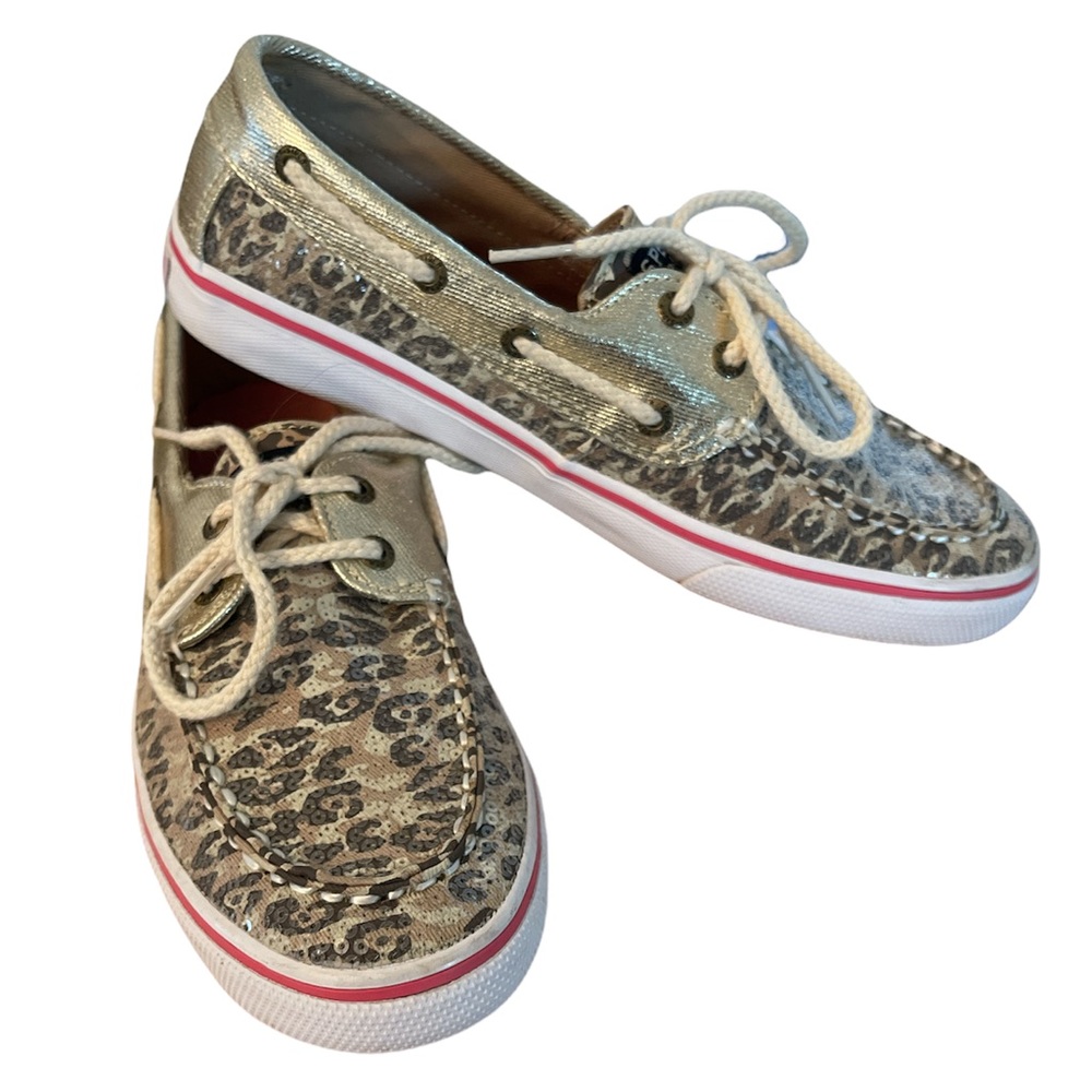 SPERRY TopSider Bahama 2-eye Tan Leopard SPARKLE Boat Shoes Wmns Sz 6